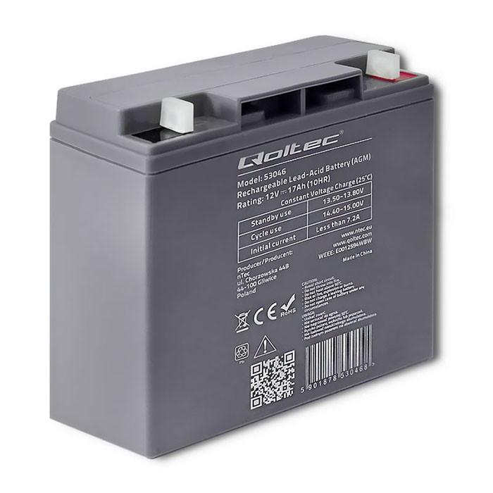 Qoltec Akumulator AGM | 12V | 17Ah |max.  255A