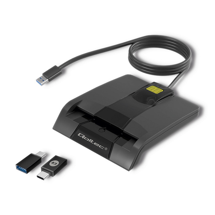 Qoltec Inteligentny czytnik chipowych kart ID SCR-0634 | USB 2.0 + Adapter USB-C