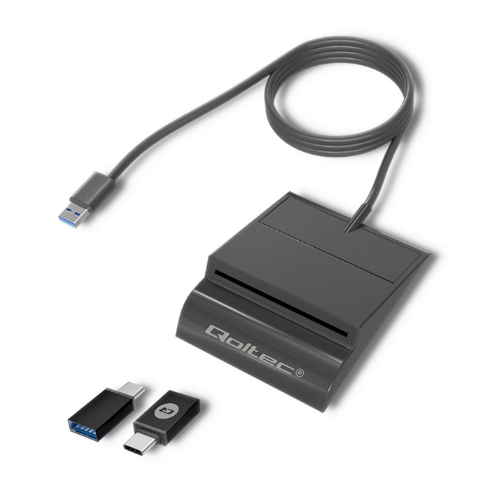 Qoltec Inteligentny czytnik chipowych kart ID SCR-0636 | USB 2.0 + Adapter USB-C