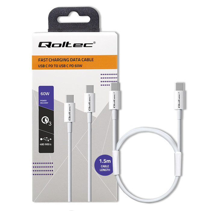 Qoltec Kabel USB 2.0 typ C |  USB 2.0 typ C 60W | QC 3.0 |  PD | 1.5m | Biały