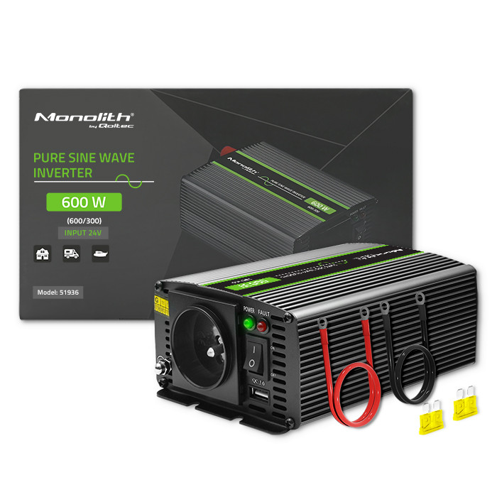 Qoltec Przetwornica napięcia Monolith | 300W | 600W | 24V na 230V | Czysty Sinus