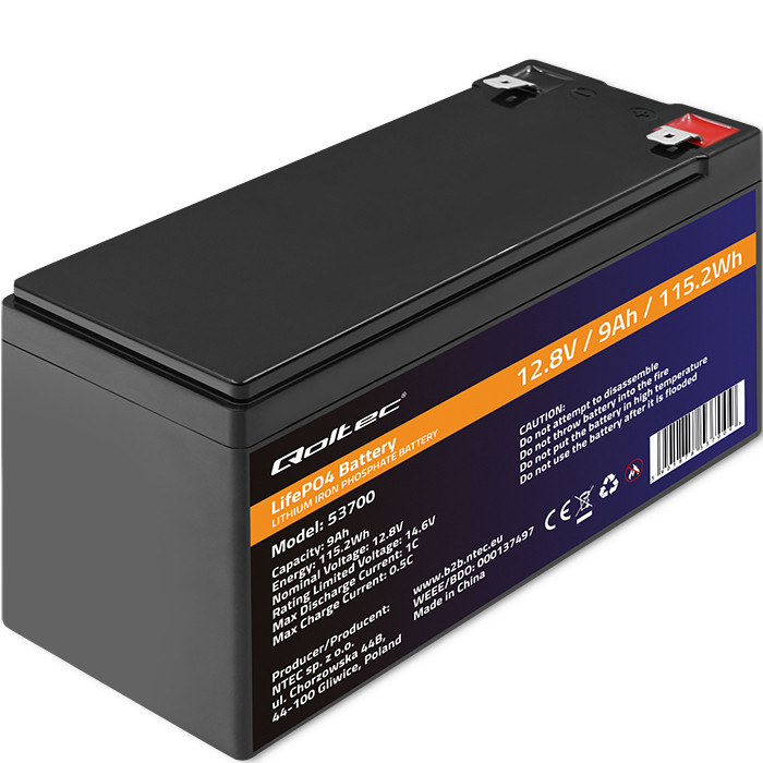 Qoltec Akumulator LiFePO4 Litowo-Żelazowo-Fosforanowy | 12.8V | 9Ah | 115.2Wh | BMS 