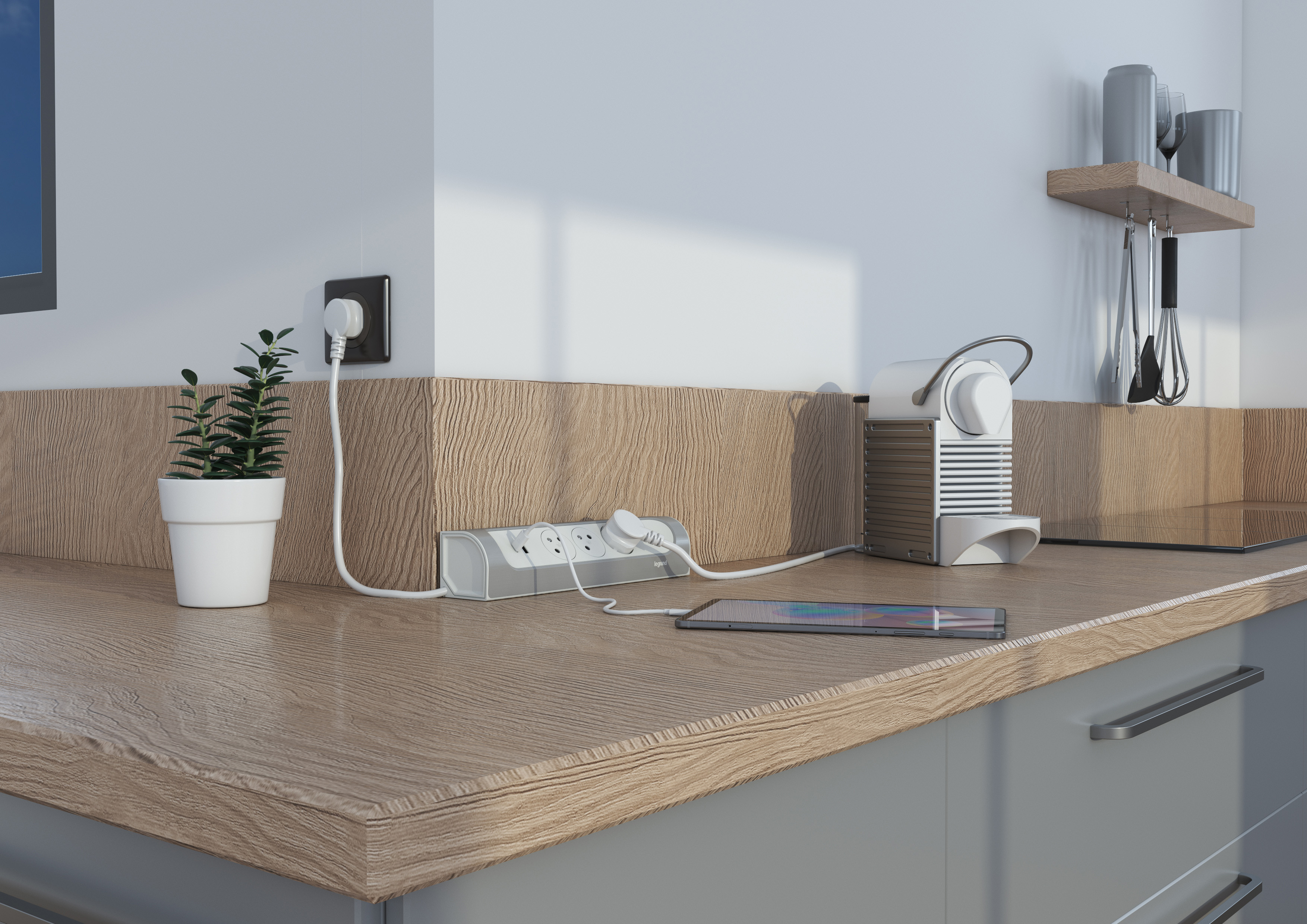 PRZEDŁUŻACZ NAROŻNY 3X2P+Z, USB A+C, Z PRZEWODEM 1.0 METRA 3X1.5 MM2 - BIAŁY/ALUMINIUM, Legrand