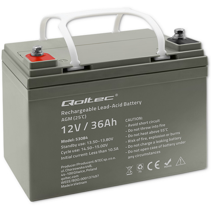 Qoltec  Akumulator AGM | 12V | 36Ah | Bezobsługowy | Wydajny | LongLife | do UPS, skutera