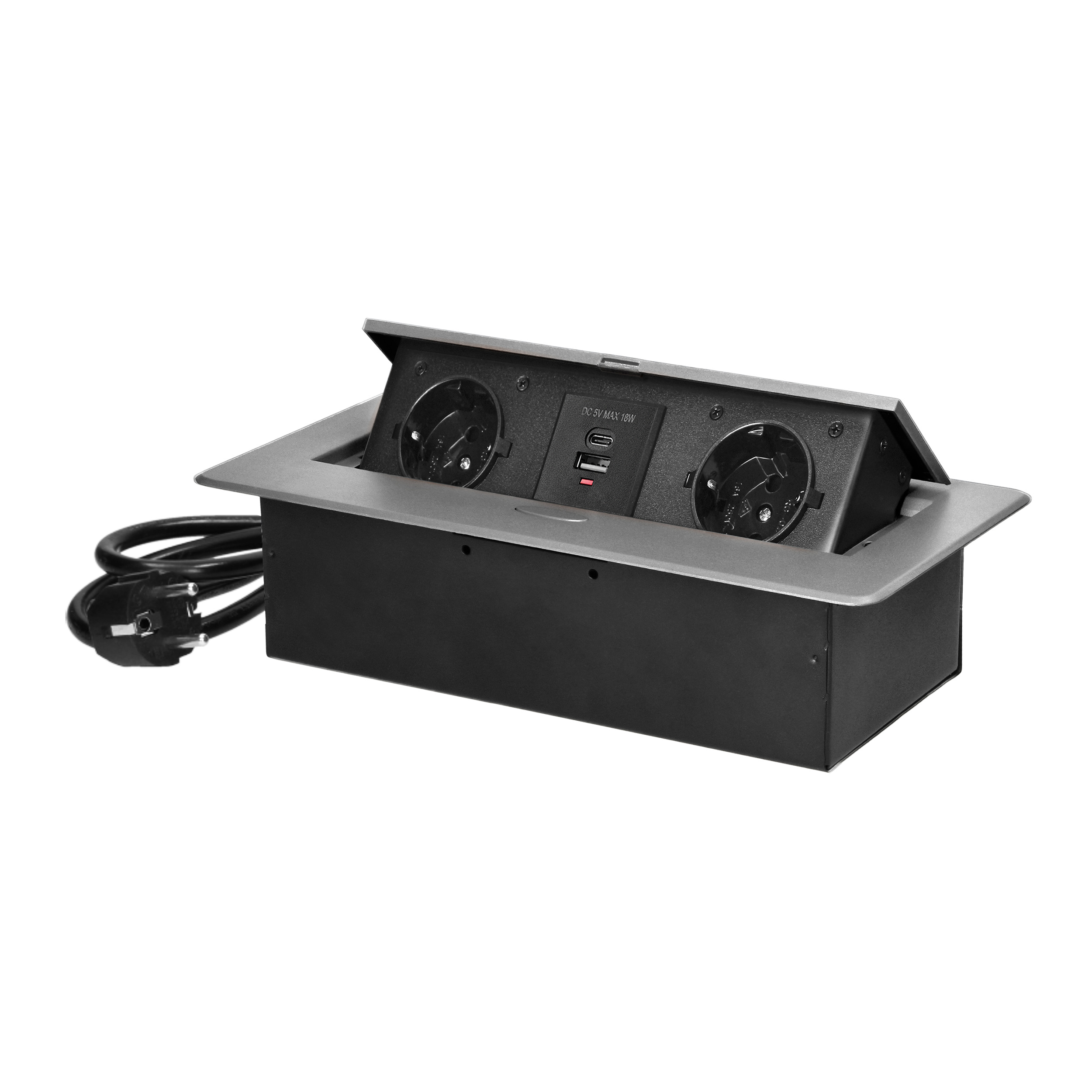 Gniazdo meblowe wpuszczane w blat z płaskim frezowanym rantem, ładowarką USB i przewodem 1,5m, 2x2P+Z (Schuko), 2xUSB (typ A+C;3,6A), srebrne