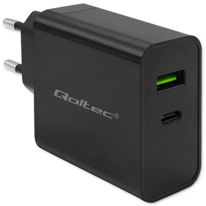 Qoltec Ładowarka Super Quick PD | 1xUSB-C | 1xUSB | 45W | 5-20V | 2.25-3A | Czarna