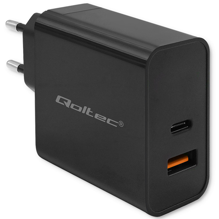 Qoltec Ładowarka Super Quick PD |1xUSB-C | 1xUSB | 65W | 5-20V | 1.5-3.25A | Laptop | Smartfon |  Czarna