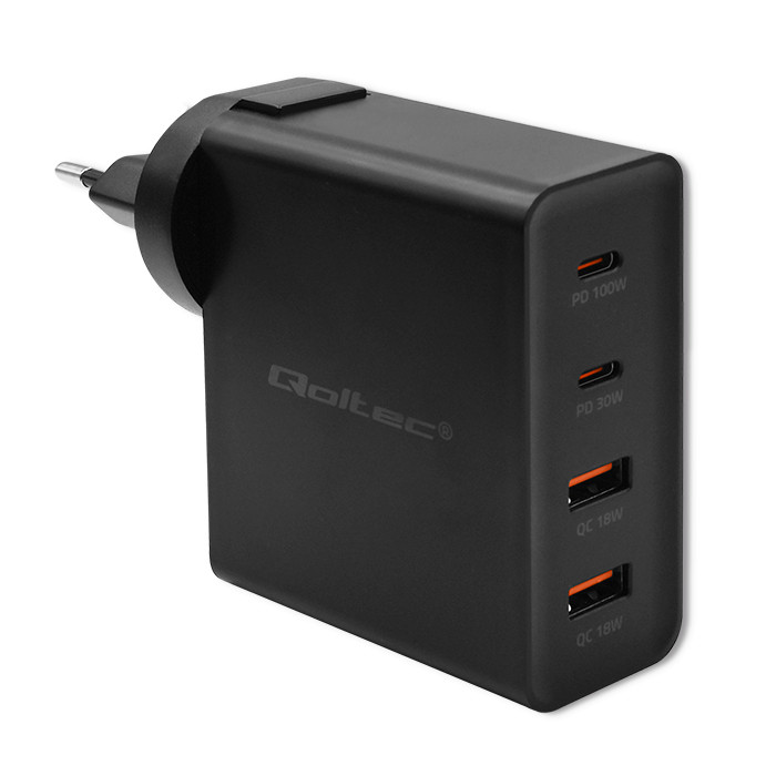 Qoltec Ładowarka GaN POWER PRO | 2xUSB-C | 2xUSB | 130W | 5-20V | 1.5-5A | PD | Czarna