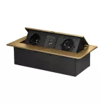 Gniazdo meblowe wpuszczane w blat z płaskim frezowanym rantem i ładowarką USB, 2x2P+Z, 2xUSB (typ A+C; 3,6A), złote