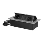 Gniazda meblowe wpuszczane w blat z płaskim frezowanym rantem, ładowarką USB i przewodem 1,5m, 2x2P+Z, 2xUSB (typ A+C; 3,6A), srebrne