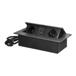 Gniazda meblowe wpuszczane w blat z płaskim frezowanym rantem, ładowarką USB i przewodem 1,5m, 2x2P+Z, 2xUSB (typ A+C; 3,6A), grafitowe