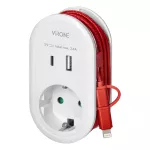 Adapter 1x 2P+Z z ładowarką USB (Typ A+C), 5V DC/ 3,4A, z dodatkowym kablem ładującym (typ C + Lightning), Schuko