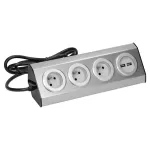 Gniazdo meblowe, kuchenne z ładowarką USB, montowane na rzepy z przewodem 1,5m - 3x2P+Z, 2xUSB, INOX z przewodem 1,5m.