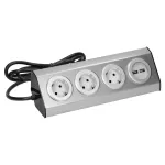 Gniazdo meblowe, kuchenne z ładowarką USB, montowane na rzepy z przewodem 1,5m - 3x2P+Z schuko, 2xUSB, INOX z przewodem 1,5m.