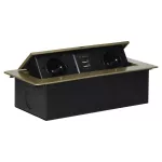 Gniazdo meblowe wpuszczane w blat z płaskim frezowanym rantem i ładowarką USB, 2x2P+Z, 2xUSB (typ A, 2,1A), mosiądz