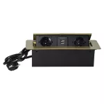 Gniazdo meblowe wpuszczane w blat z płaskim frezowanym rantem, ładowarką USB i przewodem 1,5m, 2x2P+Z (Schuko), 2xUSB (typ A, 2,1A), mosiądz