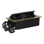 Gniazdo meblowe wpuszczane w blat z płaskim frezowanym rantem, ładowarką USB i przewodem 1,5m, 2x2P+Z (Schuko), 2xUSB (typ A, 2,1A), mosiądz
