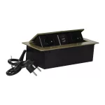 Gniazdo meblowe wpuszczane w blat z płaskim frezowanym rantem, ładowarką USB i przewodem 1,5m, 2x2P+Z, 2xUSB (typ A, 2,1A), mosiądz