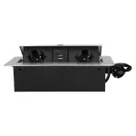 Gniazdo meblowe wpuszczane w blat z płaskim frezowanym rantem, ładowarką USB i przewodem 3m, 2x2P+Z, 2xUSB (typ A, 2,1A), srebrne