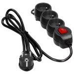 Przedłużacz 3-krotny 2P+Z, z wyłącznikiem, 3m H05VV-F 3x1,0mm2, Imax=10A, płaska wtyczka, czarny