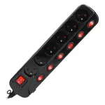 Listwa zasilająca "Multiswitch", 6 gniazd 2P+Z, kabel 3x1,0mm2, długość 1,5m, z wyłącznikami podświetlanymi: głównym dwutorowym i osobnymi wyłącznikami każdego gniazda. Wyłącznik termiczny. 10A/230 VAC, czarny