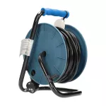 Przedłużacz bębnowy MINI, 4 gniazda 2P+Z (Schuko), metalowy stojak, polwinit H05VV-F 3x1mm2 , długość 15m, turkusowy