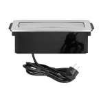 Gniazdo meblowe wysuwane z blatu z płaskim frezowanym rantem, ładowarką USB i przewodem 2m, 3x2P+Z, 2 x USB (typ A, 2,4A), 3x1,5mm2, czarno-srebrne, INOX