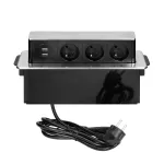 Gniazdo meblowe wysuwane z blatu z płaskim frezowanym rantem, ładowarką USB i przewodem 2m, 3x2P+Z, 2 x USB (typ A, 2,4A), 3x1,5mm2, czarno-srebrne, INOX