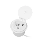 Gniazdo meblowe Ø8cm wpuszczane w blat z ładowarką indukcyjną, ładowarką USB, przelotką kablową i przewodem 2m, 1x2P+Z, 1xUSB 2,4A 5V, białe