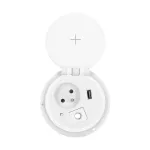 Gniazdo meblowe Ø8cm wpuszczane w blat z ładowarką indukcyjną, ładowarką USB, przelotką kablową i przewodem 2m, 1x2P+Z, 1xUSB 2,4A 5V, białe