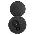 Gniazdo meblowe Ø8cm wpuszczane w blat z ładowarką indukcyjną, ładowarką USB z 2 gniazdami A i C, przelotką kablową i przewodem 1,8m, 1x2P+Z, 2xUSB (typ A + C, 2,4A), czarne