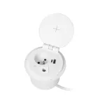 Gniazdo meblowe Ø8cm wpuszczane w blat z ładowarką indukcyjną, ładowarką USB z 2 gniazdami A i C, przelotką kablową i przewodem 1,8m, 1x2P+Z, 2xUSB (typ A + C, 2,4A), białe