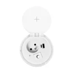 Gniazdo meblowe Ø8cm wpuszczane w blat z ładowarką indukcyjną, ładowarką USB z 2 gniazdami A i C, przelotką kablową i przewodem 1,8m, 1x2P+Z, 2xUSB (typ A + C, 2,4A), białe