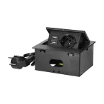 Gniazdo meblowe wpuszczane w blat z płaskim frezowanym rantem, ładowarką USB i przewodem 1,5m, 1x2P+Z (Schuko), 2xUSB (typ A, 2,1A), czarny