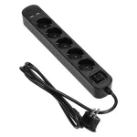 Listwa przeciwprzepięciowa, 5 gniazd 2P+Z (Schuko), kabel 3x1,0mm2, długość 1,5m, z wyłącznikiem podświetlanym dwutorowym. 10A/230 VAC, Ochronnik przeciwprzepięciowy, Ładowarka 2xUSB 2,1A. Płaska wtyczka