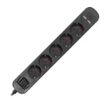 Listwa przeciwprzepięciowa, 5 gniazd 2P+Z (Schuko), kabel 3x1,0mm2, długość 1,5m, z wyłącznikiem podświetlanym dwutorowym. 10A/230 VAC, Ochronnik przeciwprzepięciowy, Ładowarka 2xUSB 2,1A. Płaska wtyczka