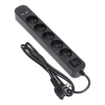 Listwa przeciwprzepięciowa, 5 gniazd 2P+Z, kabel 3x1,0mm2, długość 1,5m, z wyłącznikiem podświetlanym dwutorowym. 10A/230 VAC, Ochronnik przeciwprzepięciowy, Ładowarka 2xUSB 2,1A. Płaska wtyczka