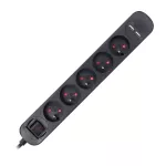 Listwa przeciwprzepięciowa, 5 gniazd 2P+Z, kabel 3x1,0mm2, długość 1,5m, z wyłącznikiem podświetlanym dwutorowym. 10A/230 VAC, Ochronnik przeciwprzepięciowy, Ładowarka 2xUSB 2,1A. Płaska wtyczka