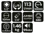 Klucz udarowy pneumatyczny, 1/2", 680 Nm (krótki)