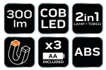 Lampa warsztatowa bateryjna 300 lm COB 2 w 1 + baterie 3xAA