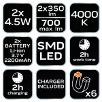 Lampa warsztatowa akumulatorowa 2x350 lm rozkładana SMD