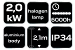 Promiennik stojący 1000W/2000W, aluminiowy, IP34, element grzejny halogen lamp, wysokość 2.1 m