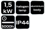 Promiennik sufitowy 1500W, aluminiowy, bez pilota, włącznik, element grzejny halogen lamp, IP44