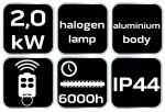 Promiennik sufitowy 2000W, aluminiowy, z pilotem, włącznik, element grzejny halogen lamp