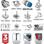 Młotowiertarka SDS+ 800W, 2.8J, walizka