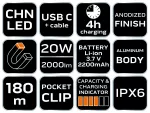Latarka akumulatorowa USB C 2000 lm CHN LED