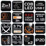 Lampa warsztatowa 550 lm COB LED + baza + ładowarka