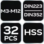 Narzynki i gwintowniki M3-M12, zestaw 32 szt. HSS w walizce