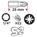 Końcówki wkrętakowe PZ2 x 25 mm, 100 szt.