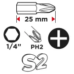 Końcówki wkrętakowe PH2 x 25 mm, 100 szt.